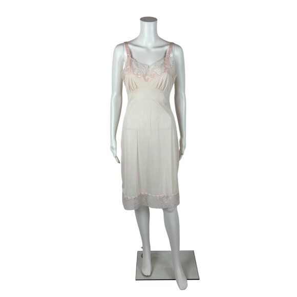 Vintage 70s Slip Dress Women's Small Pale Pink Inset Lace Scalloped Knee Length - Picture 1 of 10